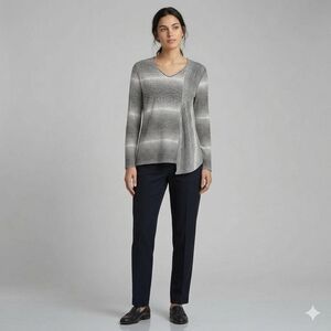 Habitat V Neck Assymetricql Black and Gray Striped Long Sleeve Top Size Med